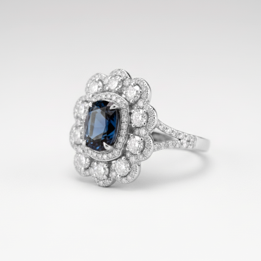 White Gold Diamond Halo Ring with Deep Blue Center Stone – IGI Certified-Saleh Sallom