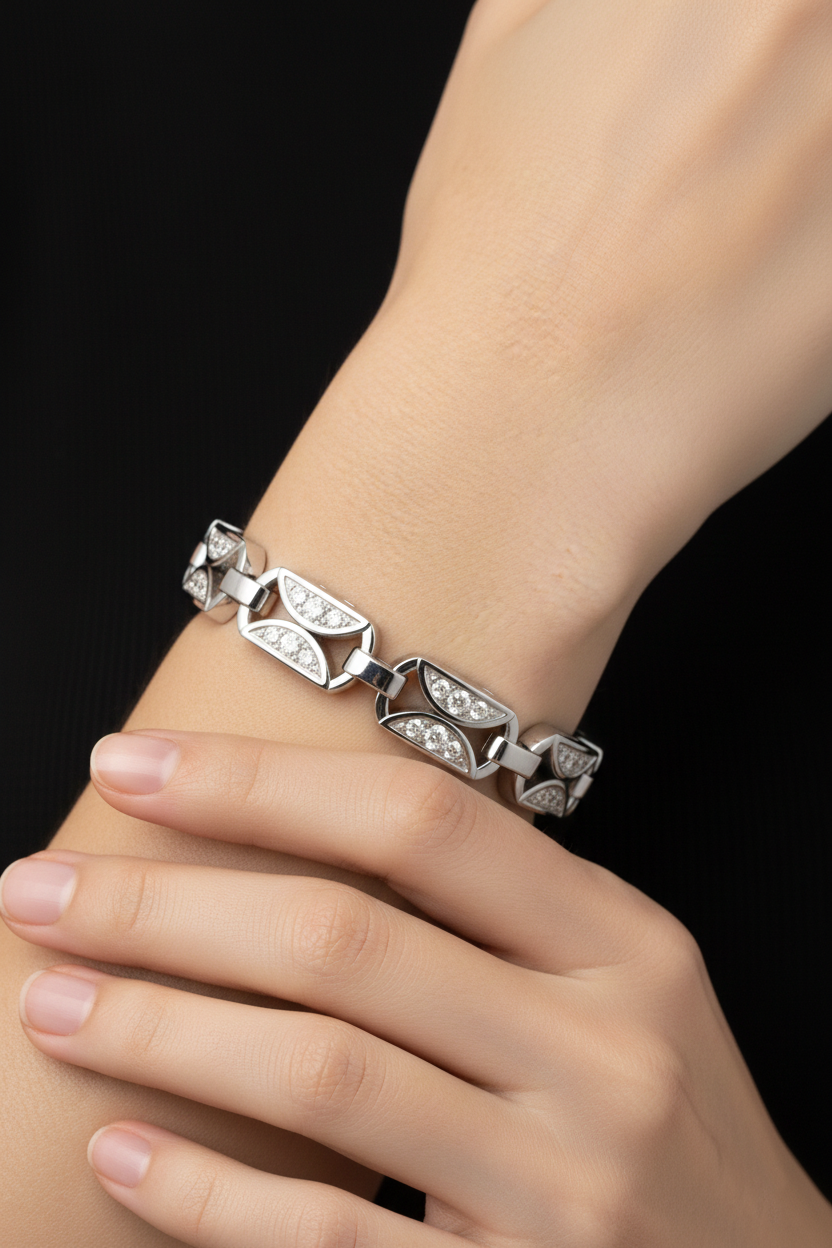 American Diamond Link Bracelet in Rhodium-Plated Sterling Silver-Saleh Sallom