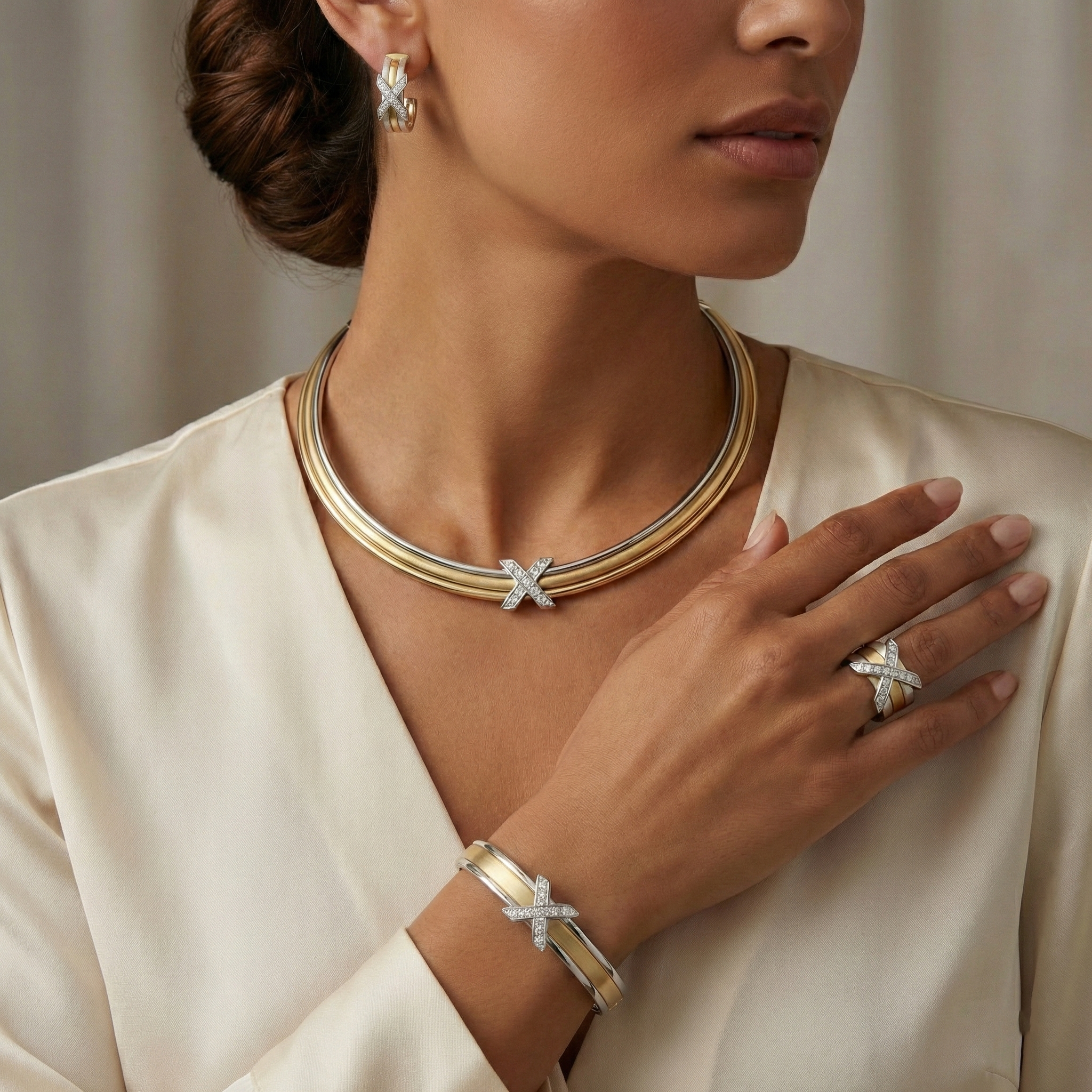 Natural Diamond “X” Set | 0.60 Ct Diamonds | Two-Tone Gold | Necklace, Bangle & Earrings | Saleh Sallom-Saleh Sallom