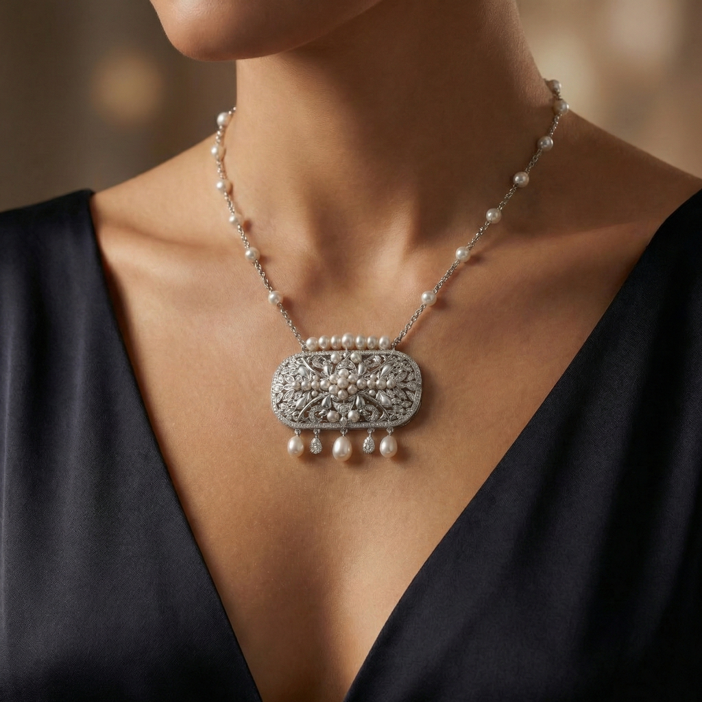 Natural Diamond & Pearl Statement Necklace | 1.60 Ct Diamonds | 18K White Gold | Saleh Sallom-Saleh Sallom