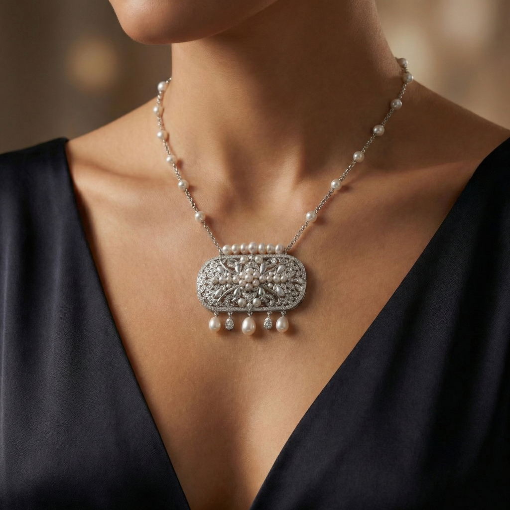 Natural Diamond & Pearl Statement Necklace | 1.60 Ct Diamonds | 18K White Gold | Saleh Sallom-Saleh Sallom