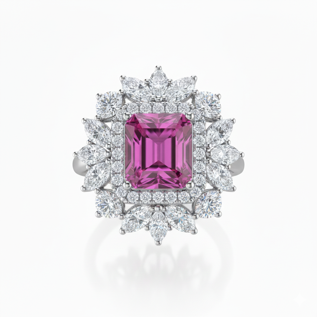 Pink Sapphire & Diamond Floral Halo Ring in 18K White Gold-Saleh Sallom Main image