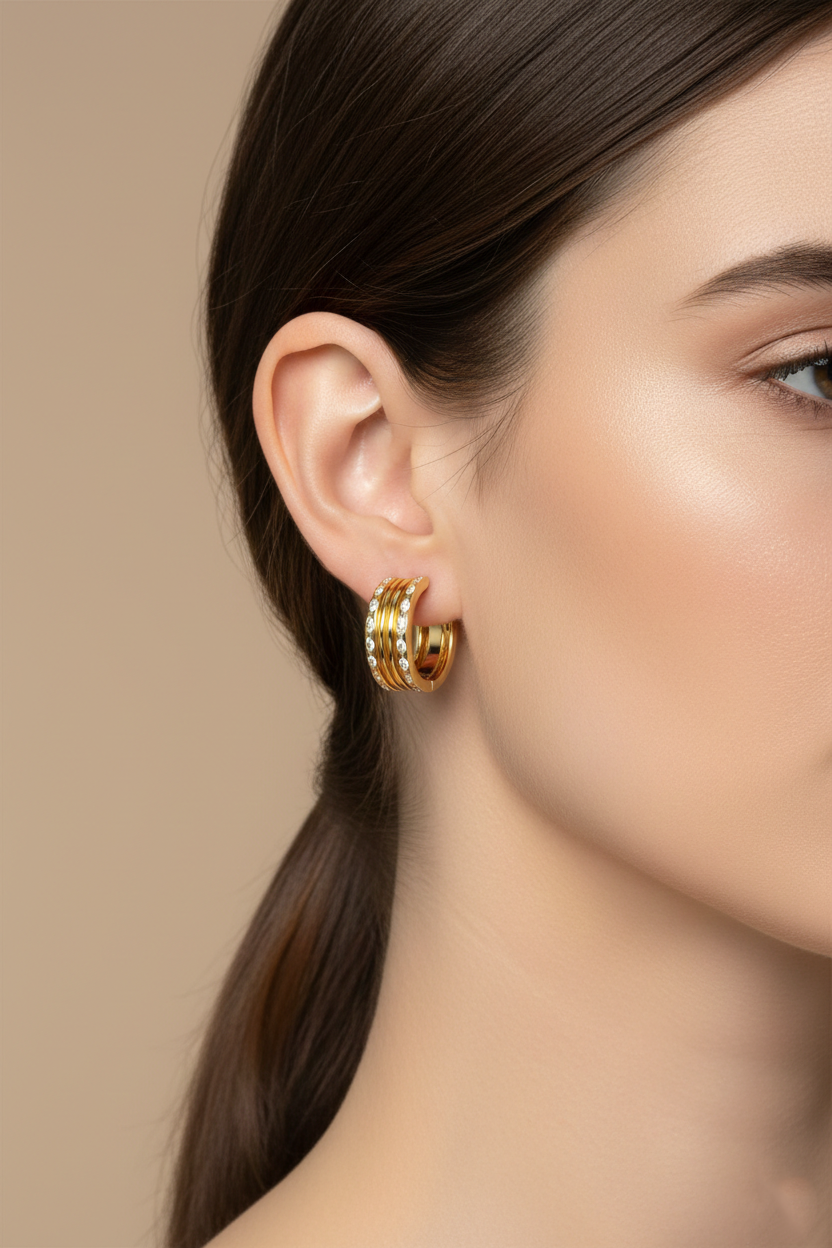 American Diamond Multi-Row Hoop Earrings in Gold-Plated Sterling Silver Secondary image