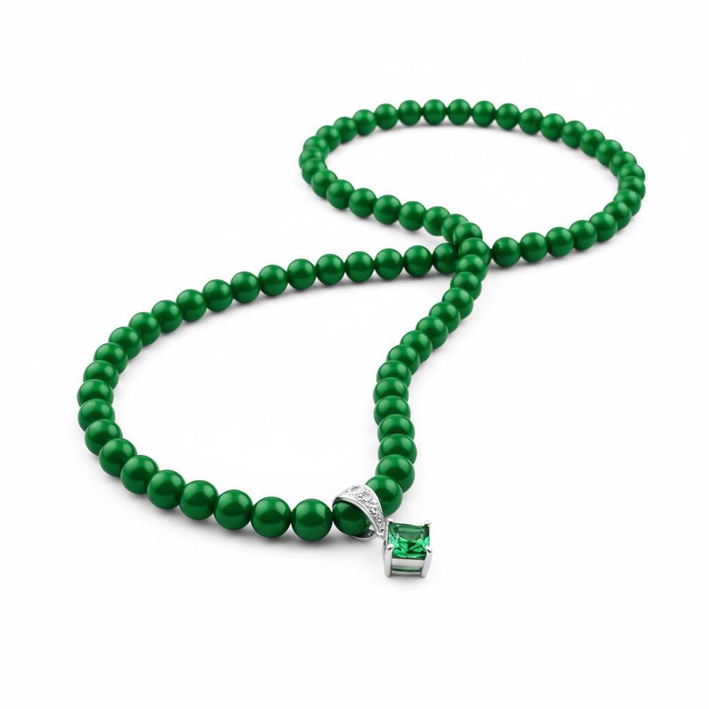 Green Bead Necklace with Square-Cut Green Gem Pendant in 18K White Gold-Saleh Sallom