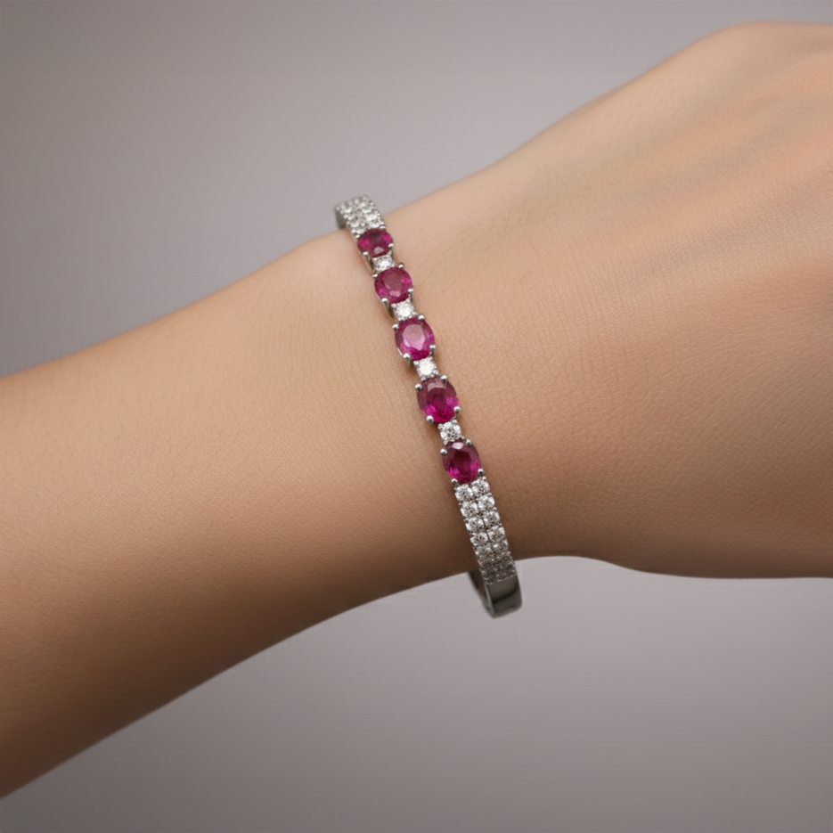 Ruby & Diamond Line Bangle in 18K White Gold-Saleh Sallom