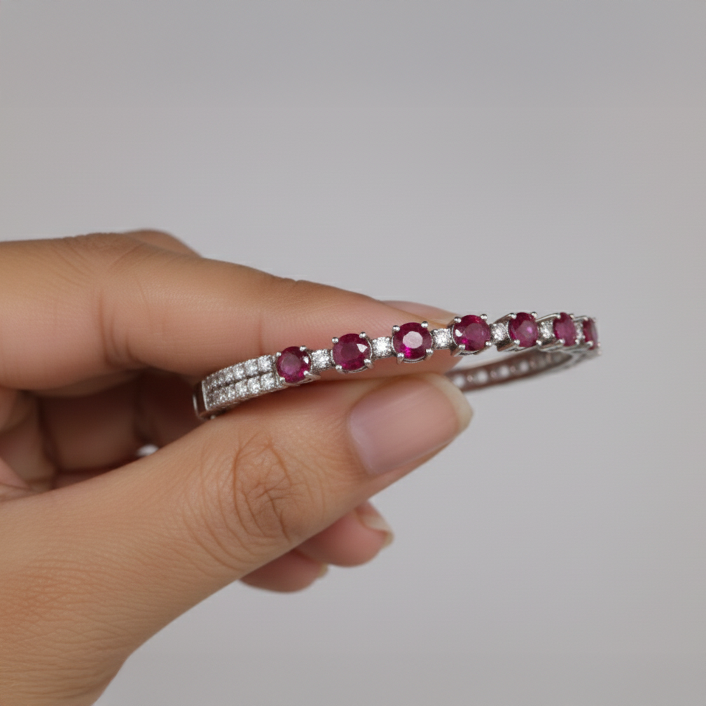 Ruby & Diamond Line Bangle in 18K White Gold-Saleh Sallom