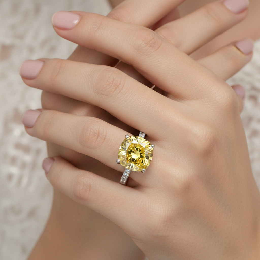 6.44 Carat Cushion-Cut Yellow Lab Sapphire Ring with Diamond Accents in 18K White Gold | Saleh Sallom-Saleh Sallom