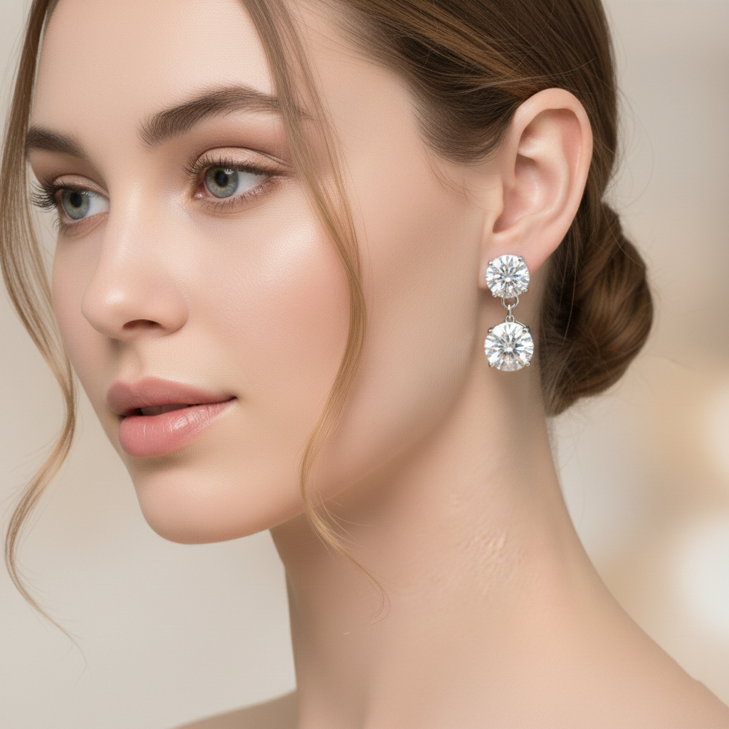 Round Brilliant Lab-Created Diamond Drop Stud Earrings in 14K White Gold-Saleh Sallom