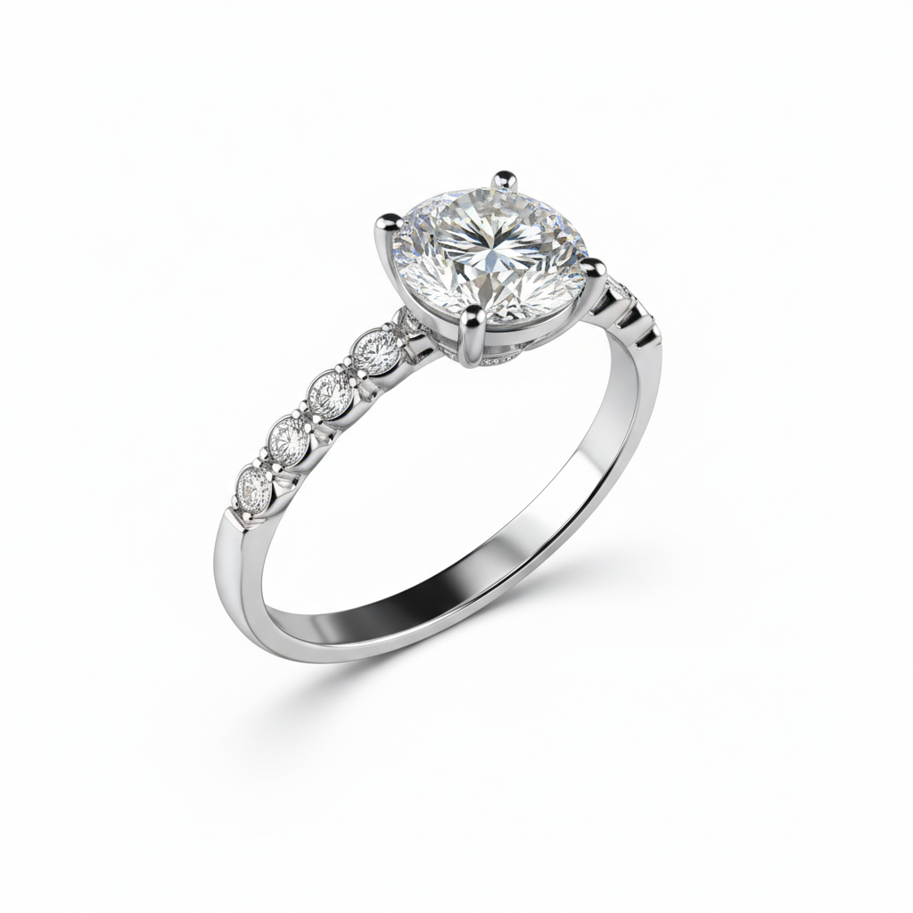Lab-Created Diamond Solitaire Ring with Pavé Band in 14K White Gold-Saleh Sallom