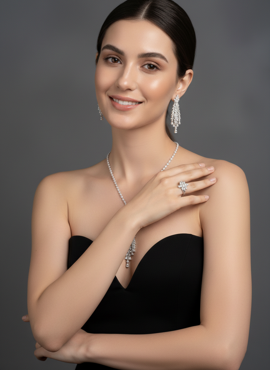 Floral Cascade American Diamond Jewelry Set Rhodium-Plated Sterling Silver-Saleh Sallom