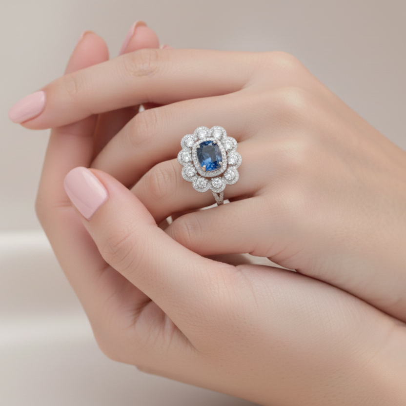 White Gold Diamond Halo Ring with Deep Blue Center Stone – IGI Certified-Saleh Sallom