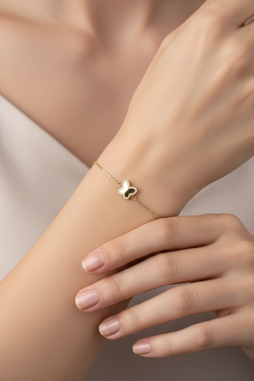 Butterfly American Diamond Bracelet in Gold-Plated Sterling Silver-Saleh Sallom