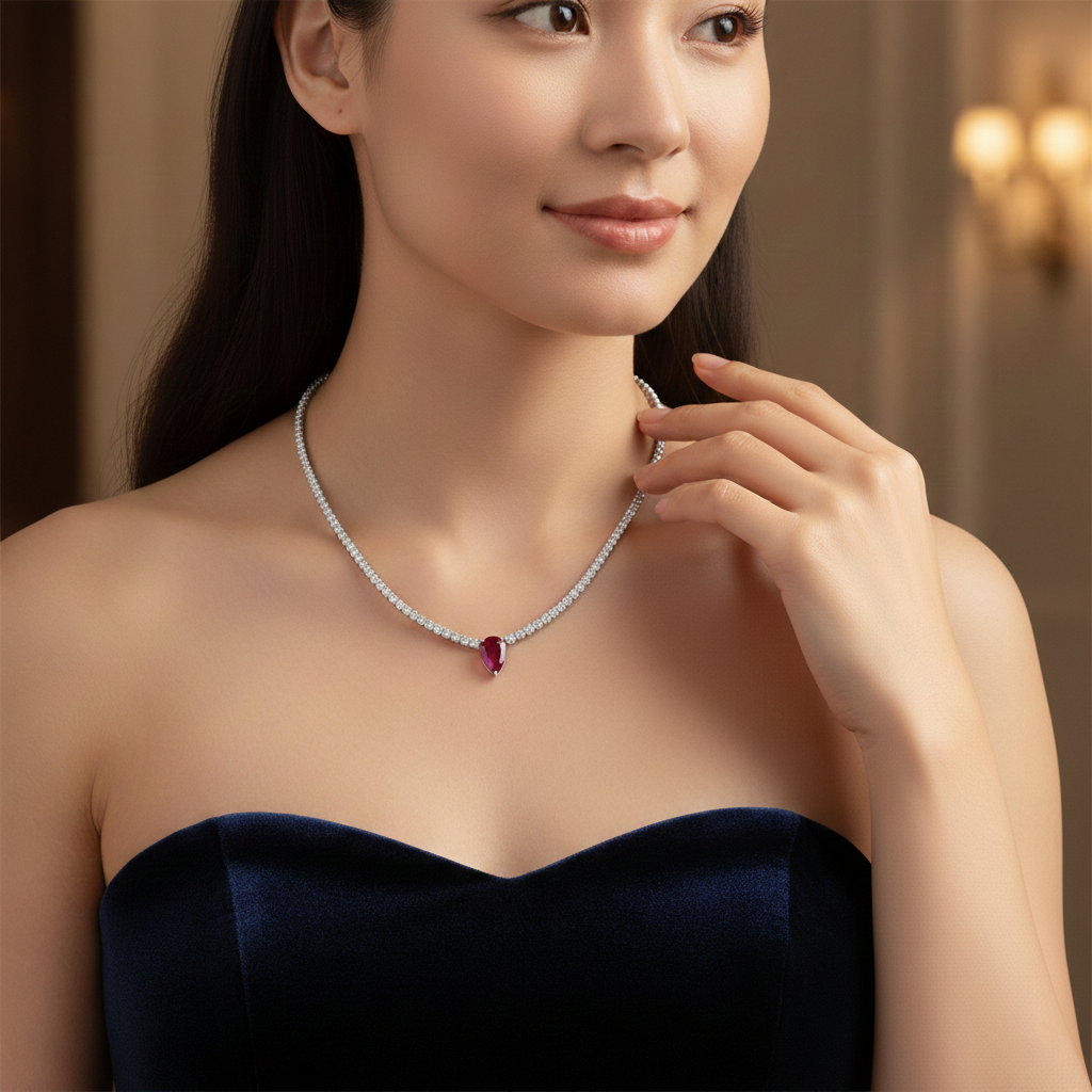 Lab-Grown Ruby & Lab-Grown Diamond Tennis Necklace in 18K White Gold-Saleh Sallom