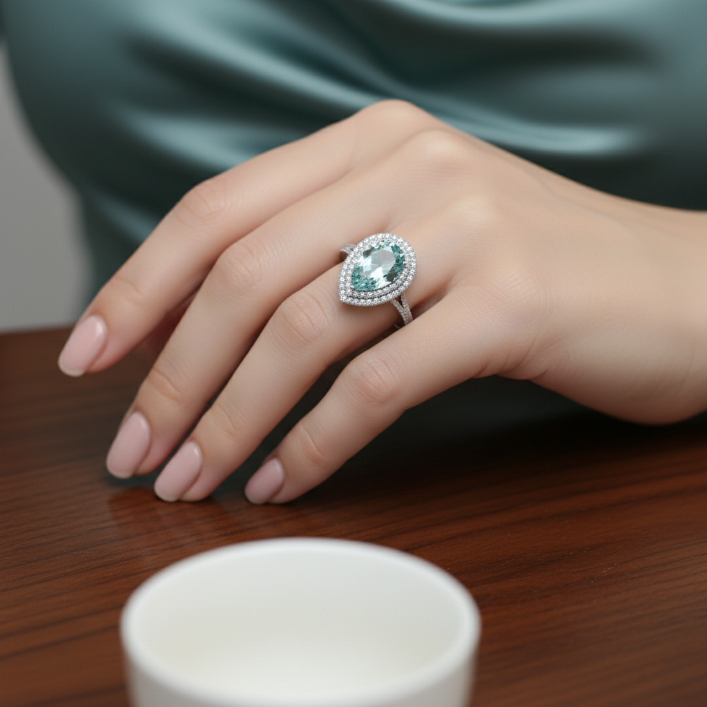 Green Sapphire & Diamond Pear Halo Ring in 18K White Gold-Saleh Sallom