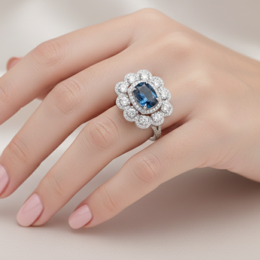 White Gold Diamond Halo Ring with Deep Blue Center Stone – IGI Certified-Saleh Sallom