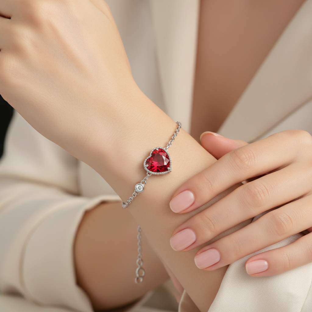 Red Heart Gemstone Bracelet in White Gold | Romantic Chain Design | Saleh Sallom-Saleh Sallom