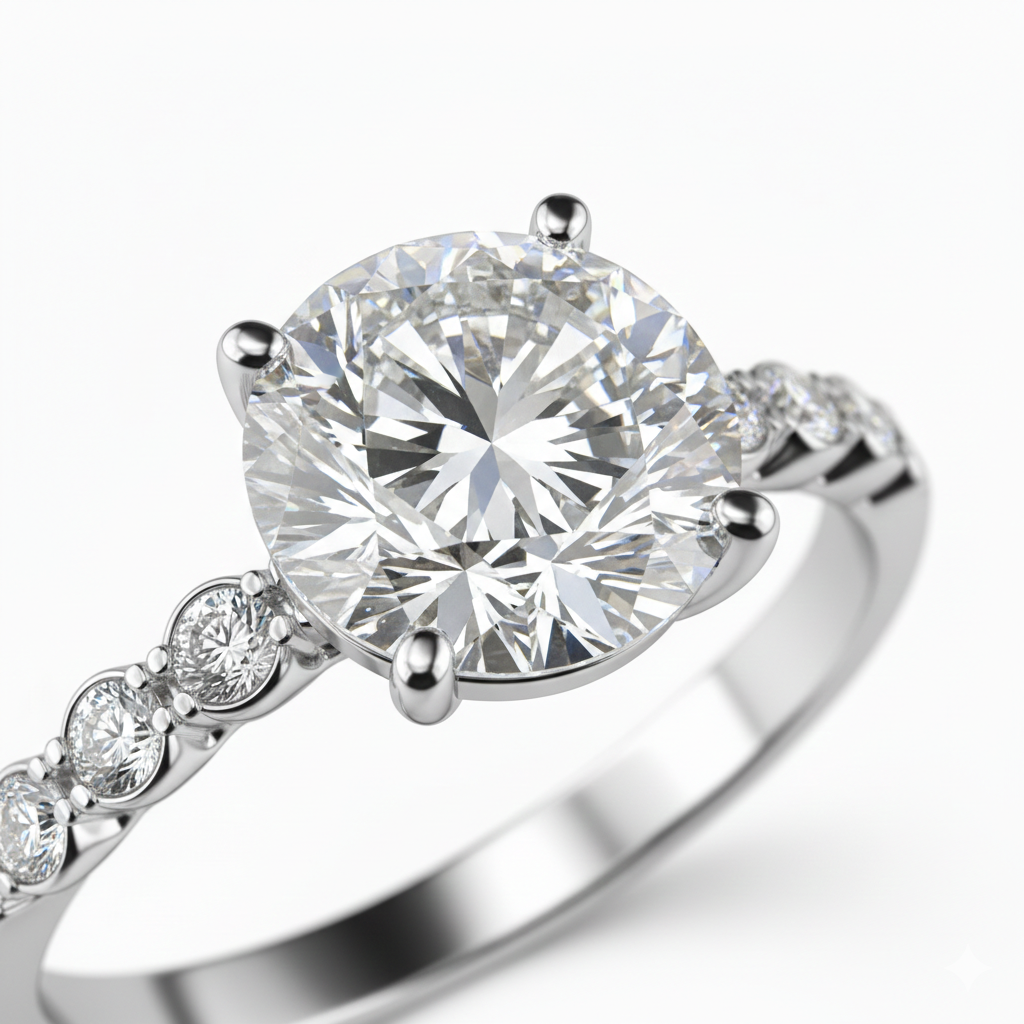 Lab-Created Diamond Solitaire Ring with Pavé Band in 14K White Gold-Saleh Sallom