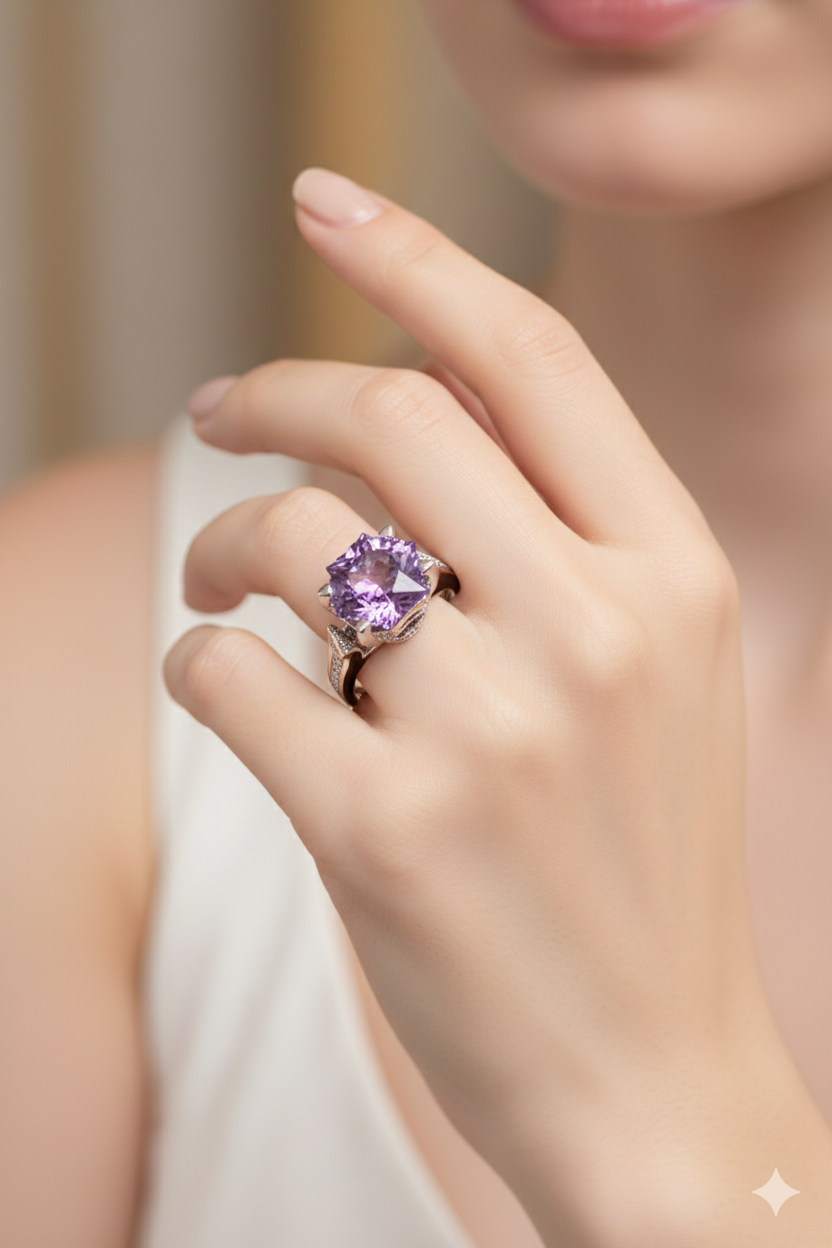 IGI Certified Natural Amethyst & Diamond Ring in 18K White Gold | 4.23 CT Fancy-Cut Amethyst-Saleh Sallom