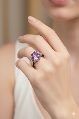 IGI Certified Natural Amethyst & Diamond Ring in 18K White Gold | 4.23 CT Fancy-Cut Amethyst-Saleh Sallom