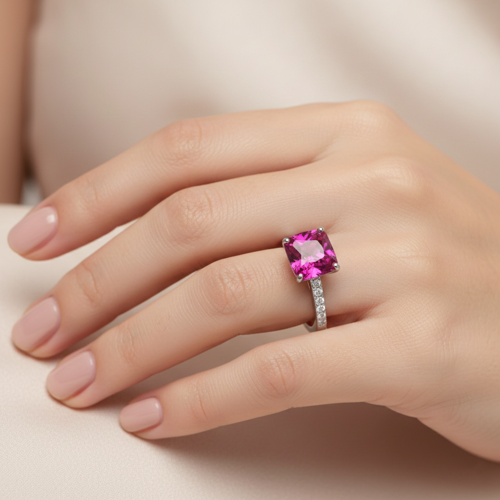 Pink Sapphire & Diamond Solitaire Ring in 18K White Gold-Saleh Sallom