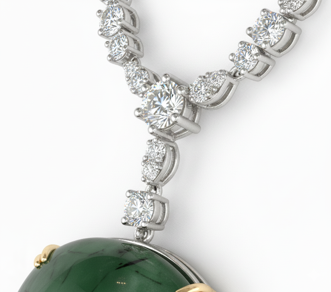 Natural Green Quartz & Diamond Statement Necklace | 48.53 CT Green Quartz | 4.20 CT Natural Diamonds | IGI Certified | 18K White Gold