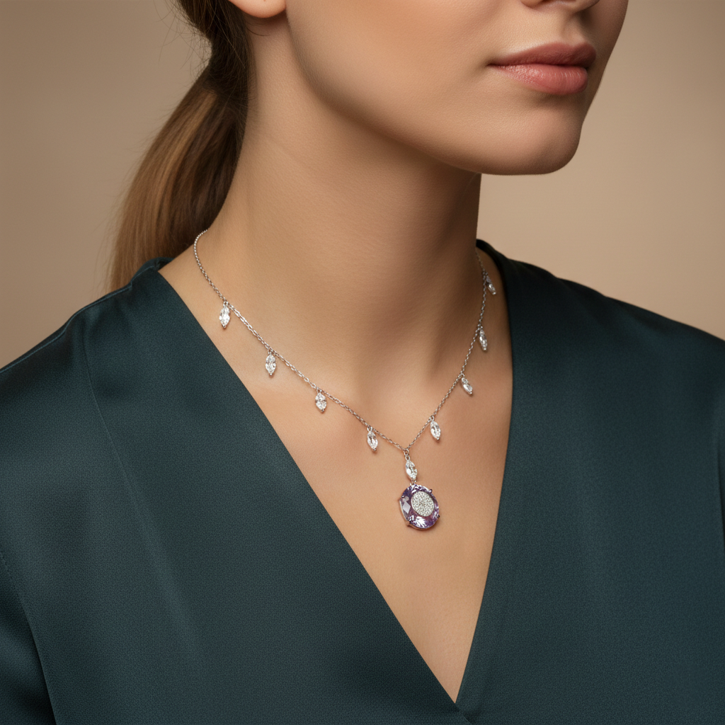 Lab-Grown Diamond & Colored Stone Necklace in 18K White Gold – IGI Certified Secondary image