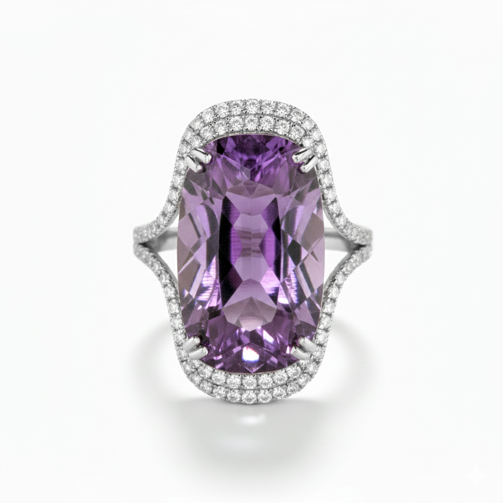 Purple Cushion Gemstone Ring with Diamond Halo-Saleh Sallom