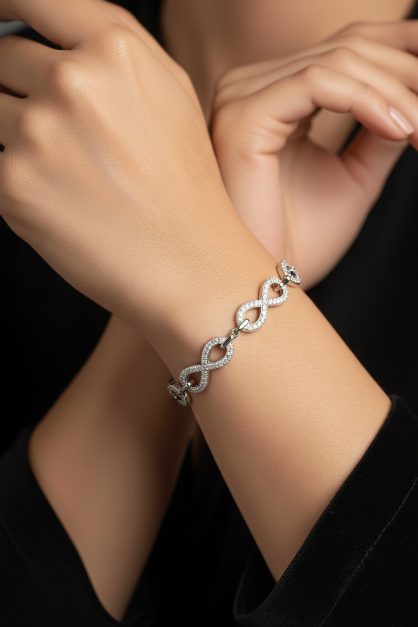 Infinity Link American Diamond Bracelet in Rhodium-Plated Sterling Silver-Saleh Sallom
