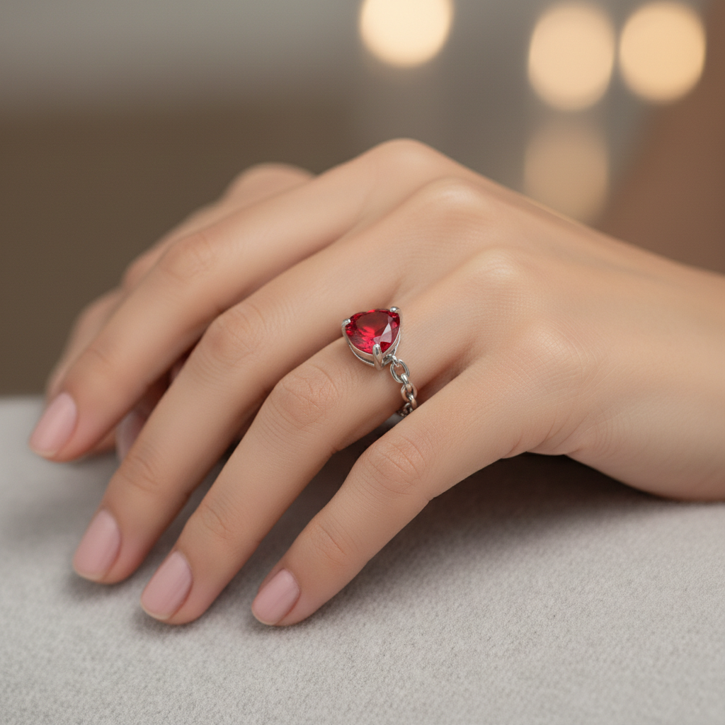 Heart-Cut Ruby Chain Ring in 18K White Gold | Minimalist Luxury | Saleh Sallom-Saleh Sallom