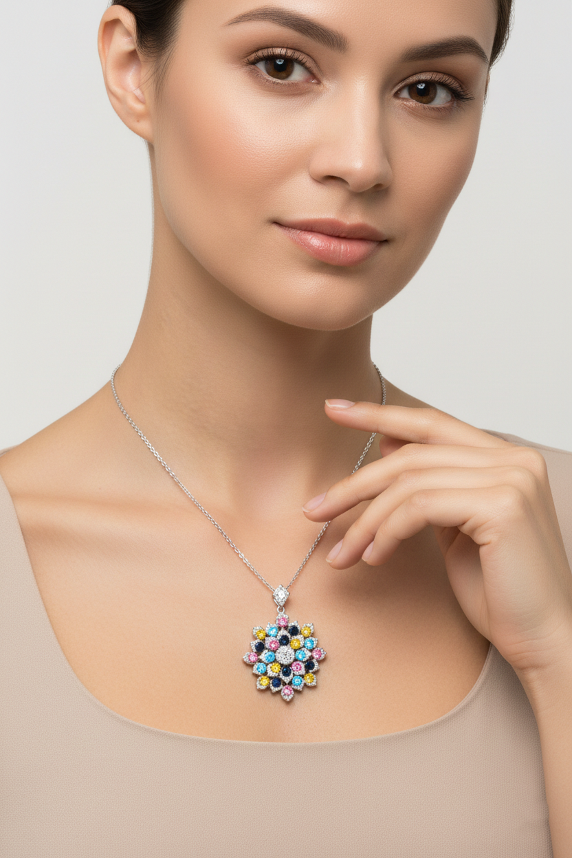 Multicolor Floral Cluster Pendant with American Diamonds in Rhodium-Plated Sterling Silver-Saleh Sallom