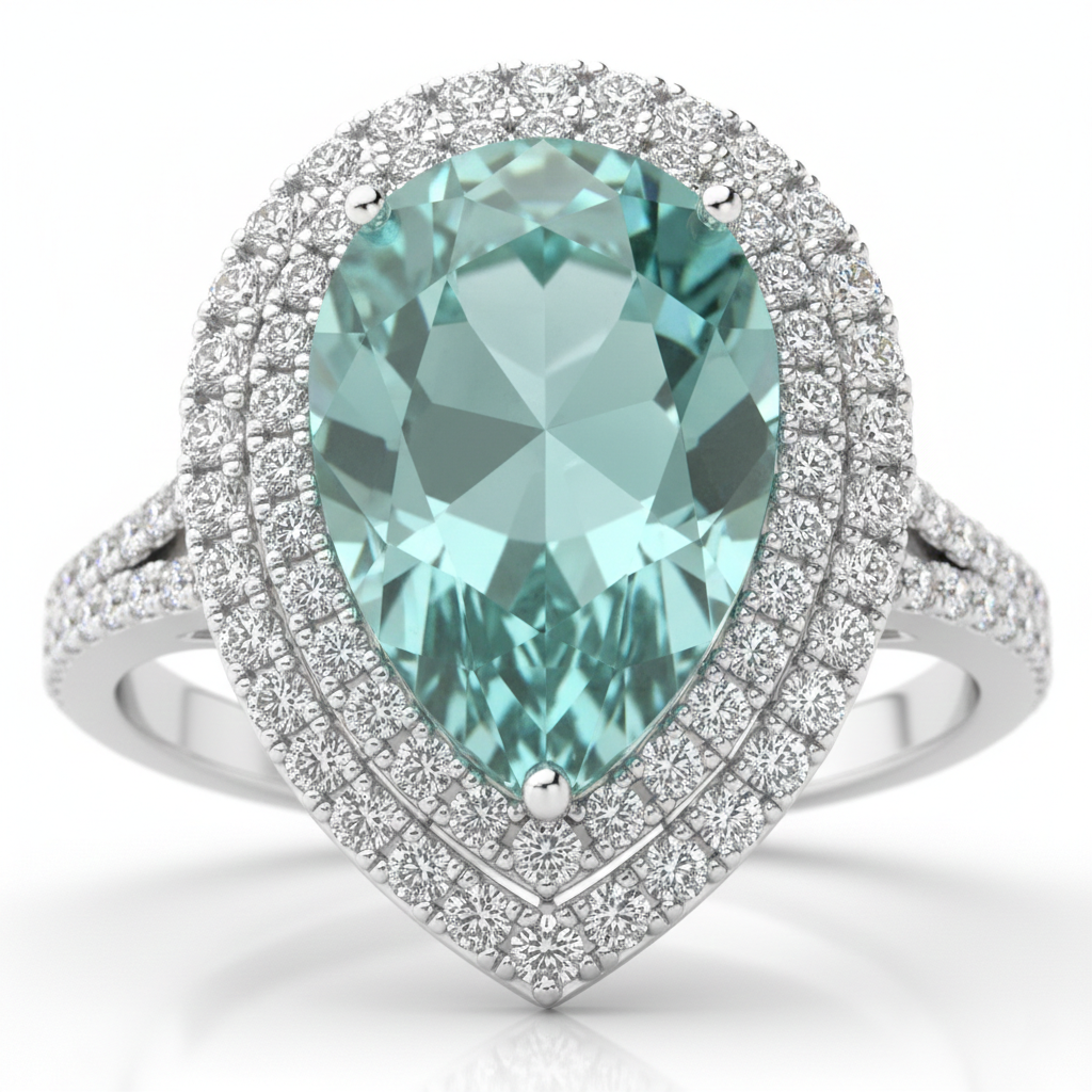 Green Sapphire & Diamond Pear Halo Ring in 18K White Gold-Saleh Sallom