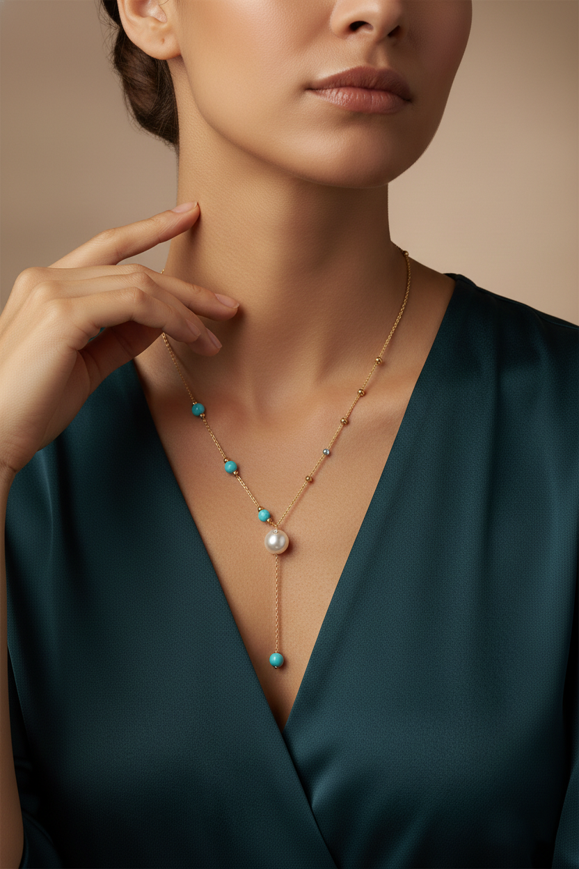 An elegant gold necklace designed with refined detailing and soft color accents.