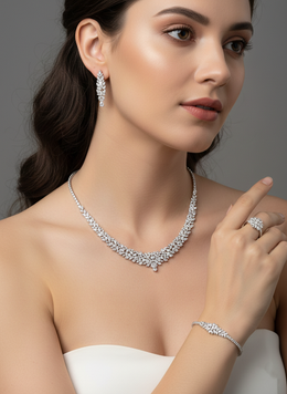 Leaf-Inspired American Diamond Jewelry Set in Rhodium-Plated Sterling Silver-Saleh Sallom