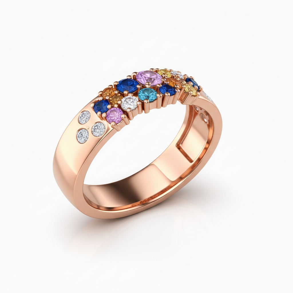 Multicolor Gemstone & Diamond Band Ring in 18K Rose Gold-Saleh Sallom