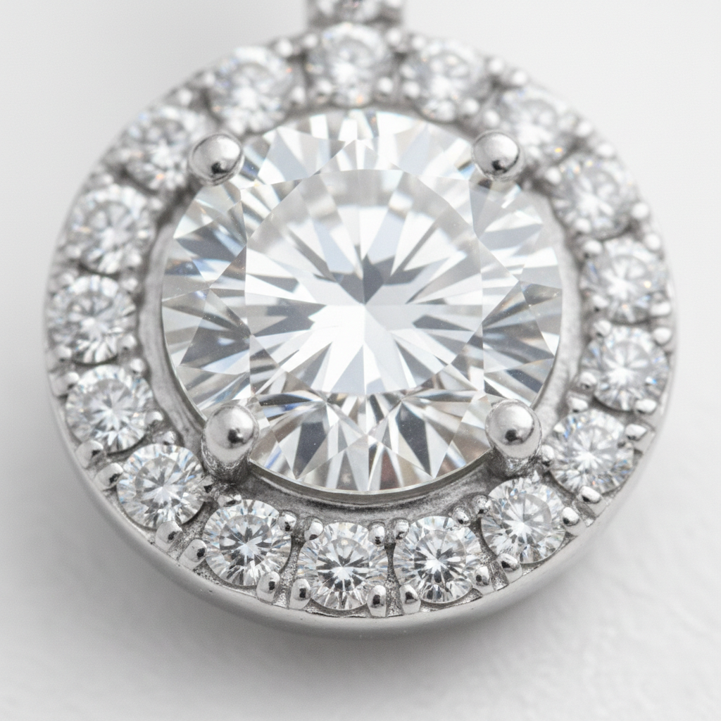 Round Lab-Created Diamond Halo Pendant Necklace in 14K White Gold-Saleh Sallom