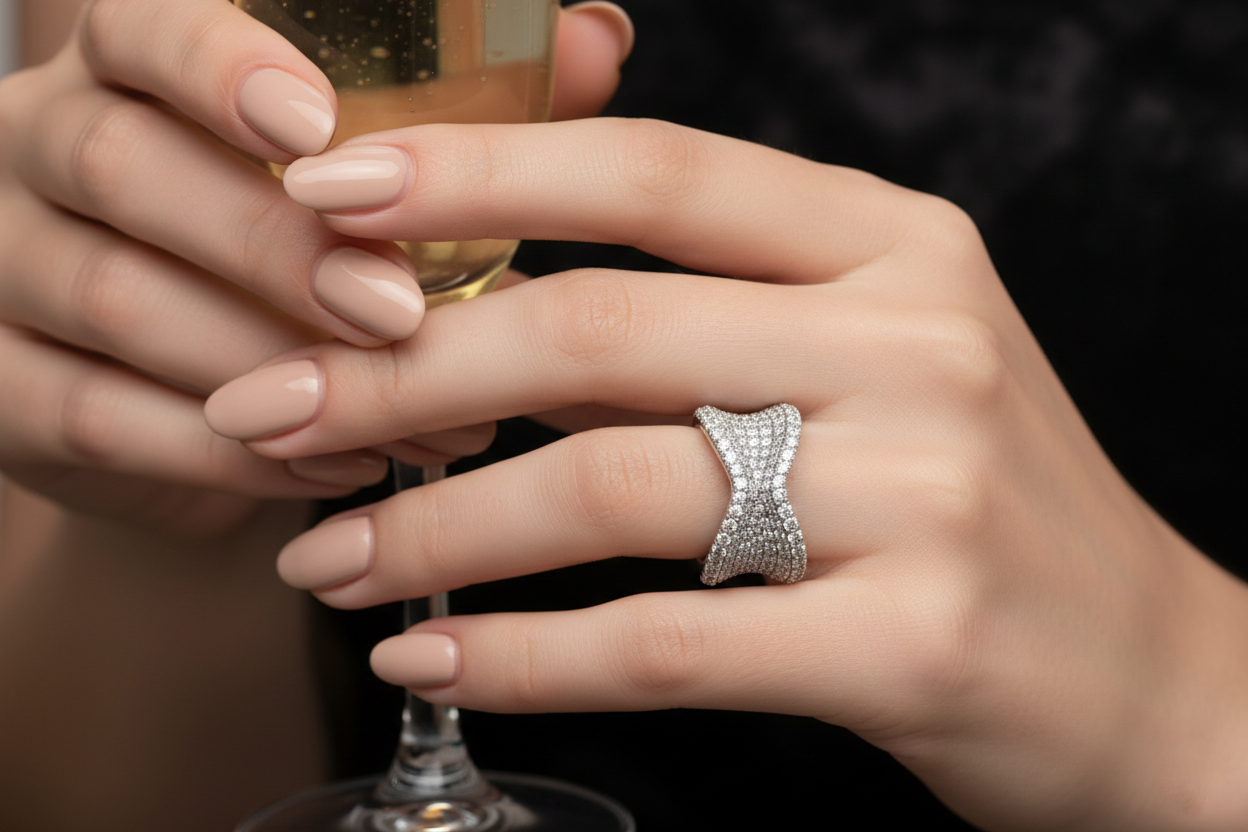 American Diamond Pavé Wave Ring in Rhodium-Plated Sterling Silver-Saleh Sallom