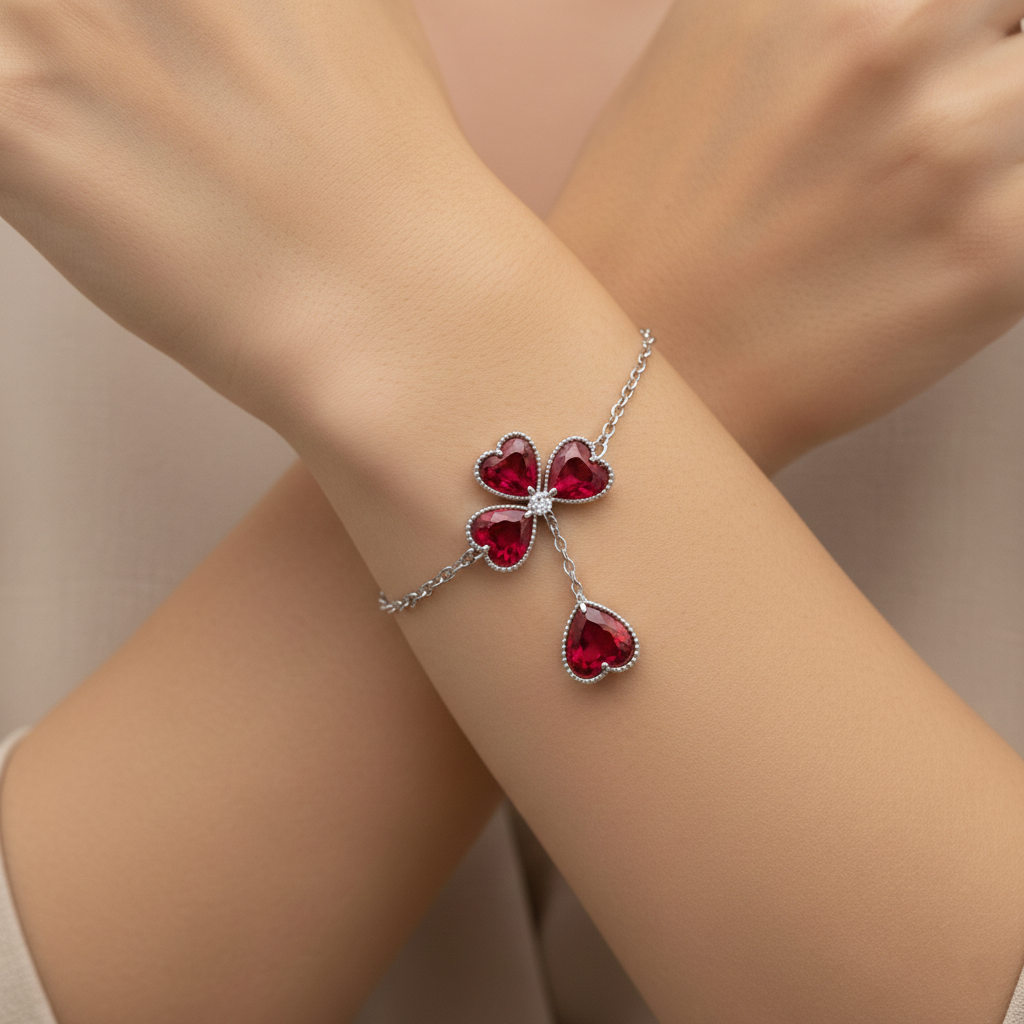Red Heart Gemstone Clover Bracelet in White Gold | Romantic Luxury | Saleh Sallom-Saleh Sallom