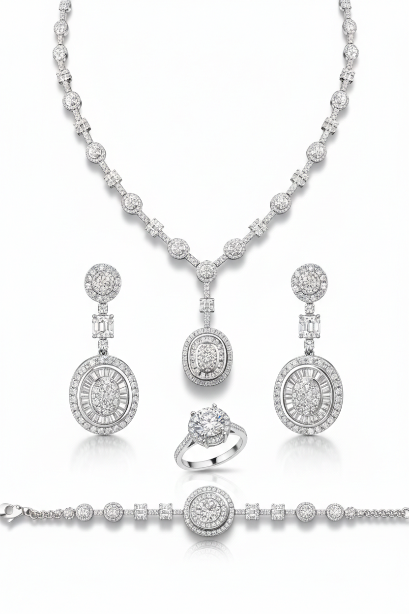 Royal Oval Halo American Diamond Jewelry Set Rhodium-Plated Sterling Silver-Saleh Sallom