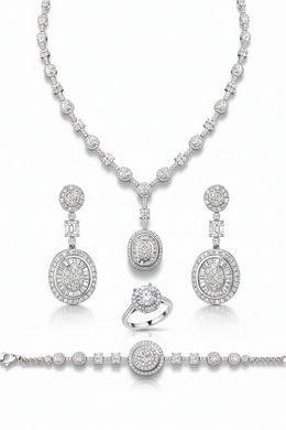 Royal Oval Halo American Diamond Jewelry Set Rhodium-Plated Sterling Silver-Saleh Sallom
