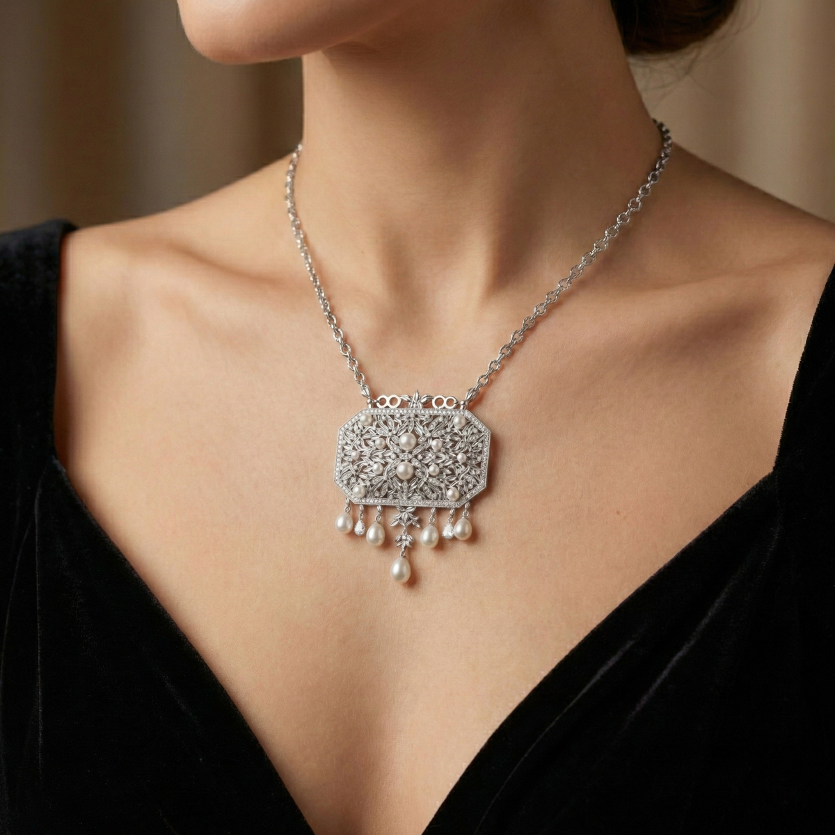 Natural Diamond & Pearl Statement Necklace | 1.80 Ct Diamonds | 18K White Gold | Saleh Sallom-Saleh Sallom