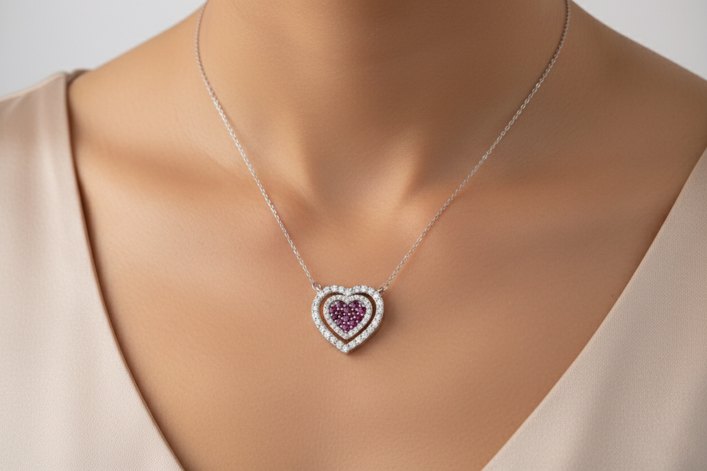 White Gold Heart Necklace with Natural Diamonds & Pink Sapphires (IGI Certified)-Saleh Sallom