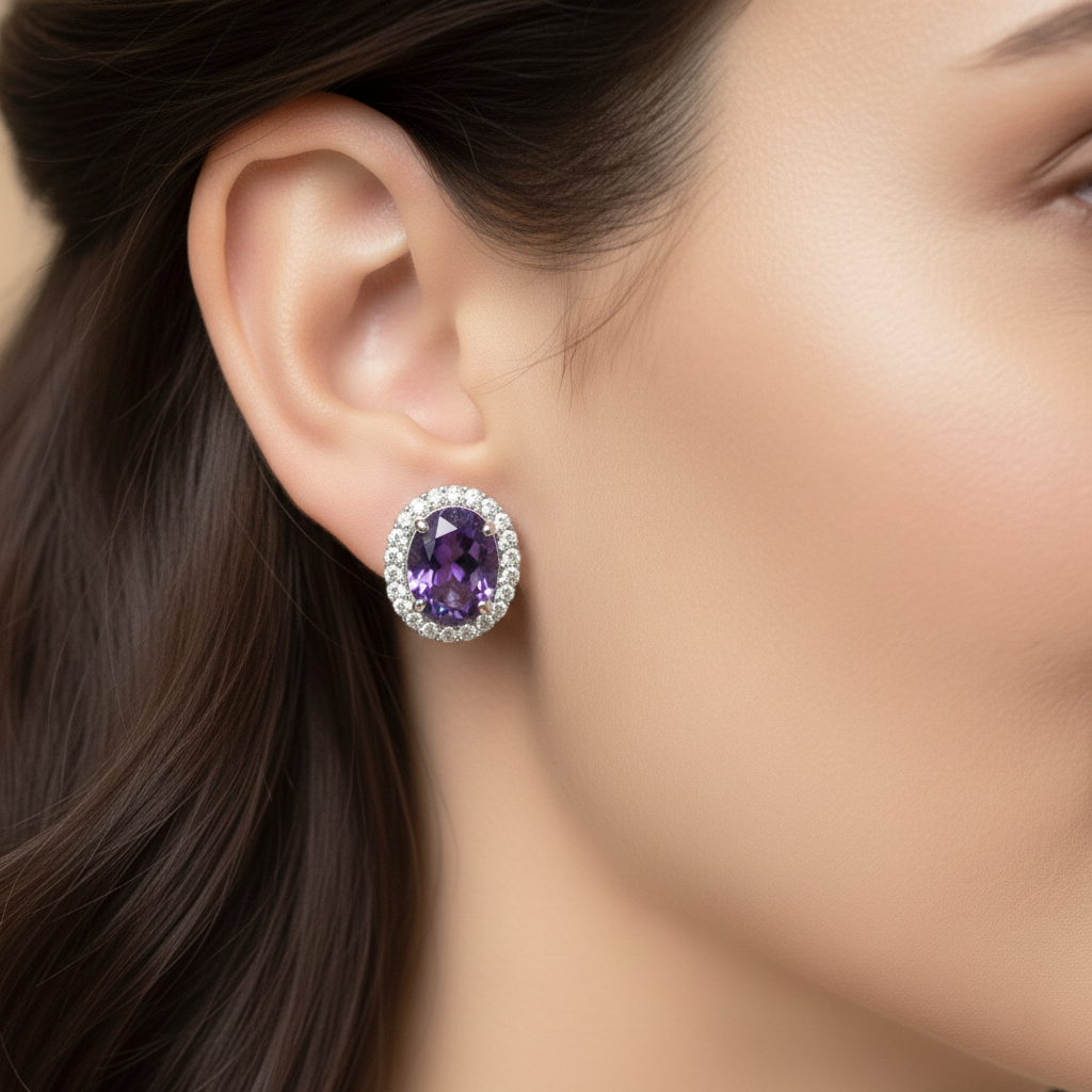 Color-Change Lab-Grown Sapphire & Lab-Grown Diamond Halo Earrings in 18K White Gold – IGI Certified Secondary image