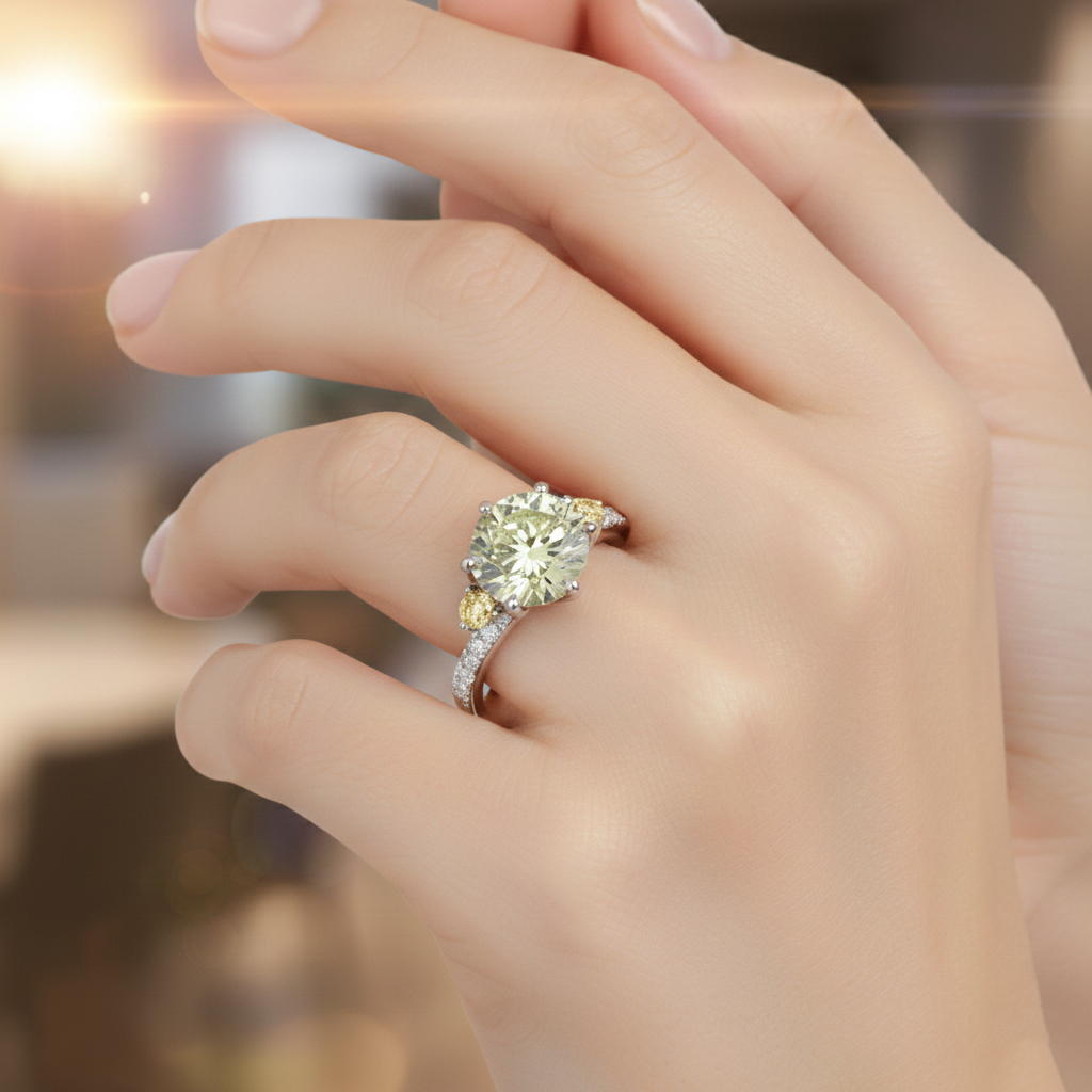 Round Brilliant Lab-Created Diamond Ring with Yellow Diamond Accents in 14K White Gold-Saleh Sallom