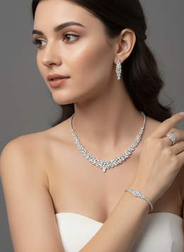 Leaf-Inspired American Diamond Jewelry Set in Rhodium-Plated Sterling Silver-Saleh Sallom