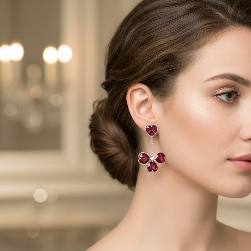 Red Heart Gemstone Drop Earrings in White Gold  | Romantic Statement | Saleh Sallom-Saleh Sallom