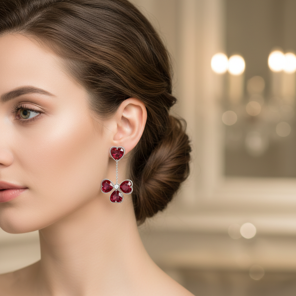 Red Heart Gemstone Drop Earrings in White Gold  | Romantic Statement | Saleh Sallom-Saleh Sallom
