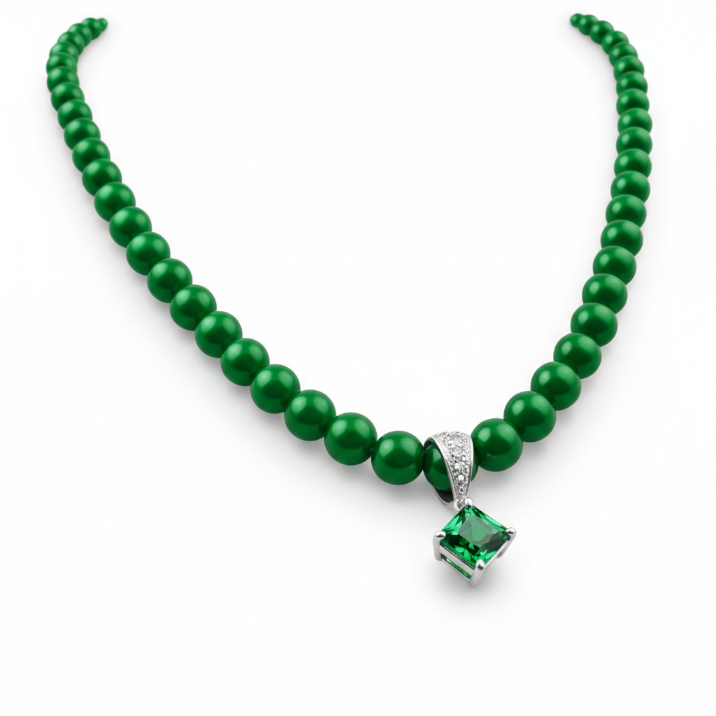 Green Bead Necklace with Square-Cut Green Gem Pendant in 18K White Gold-Saleh Sallom Main image