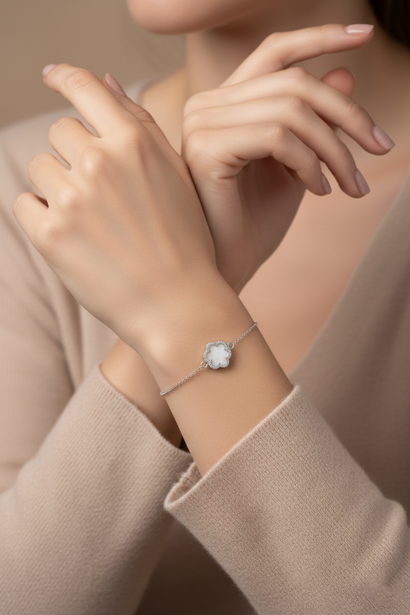 Floral American Diamond Bracelet in Rhodium-Plated Sterling Silver-Saleh Sallom