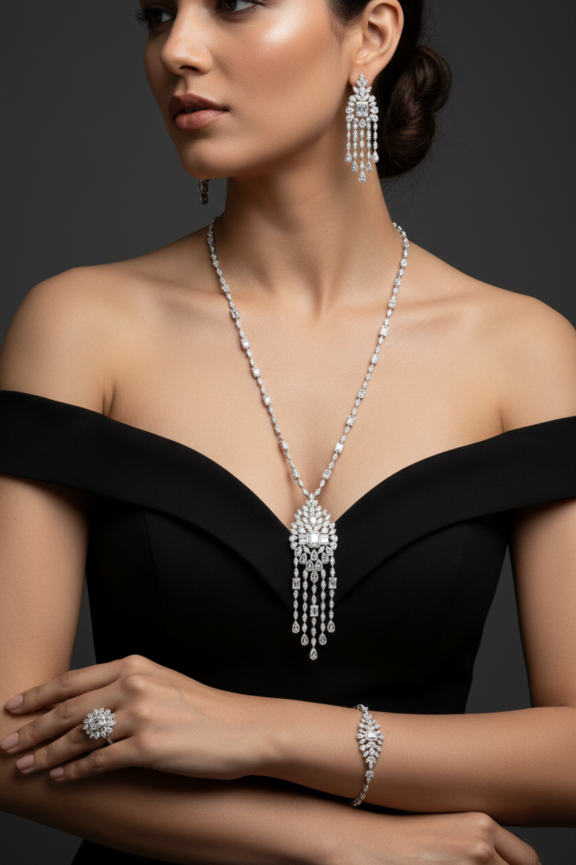 Imperial Cascade American Diamond Jewelry Set Rhodium-Plated Sterling Silver-Saleh Sallom