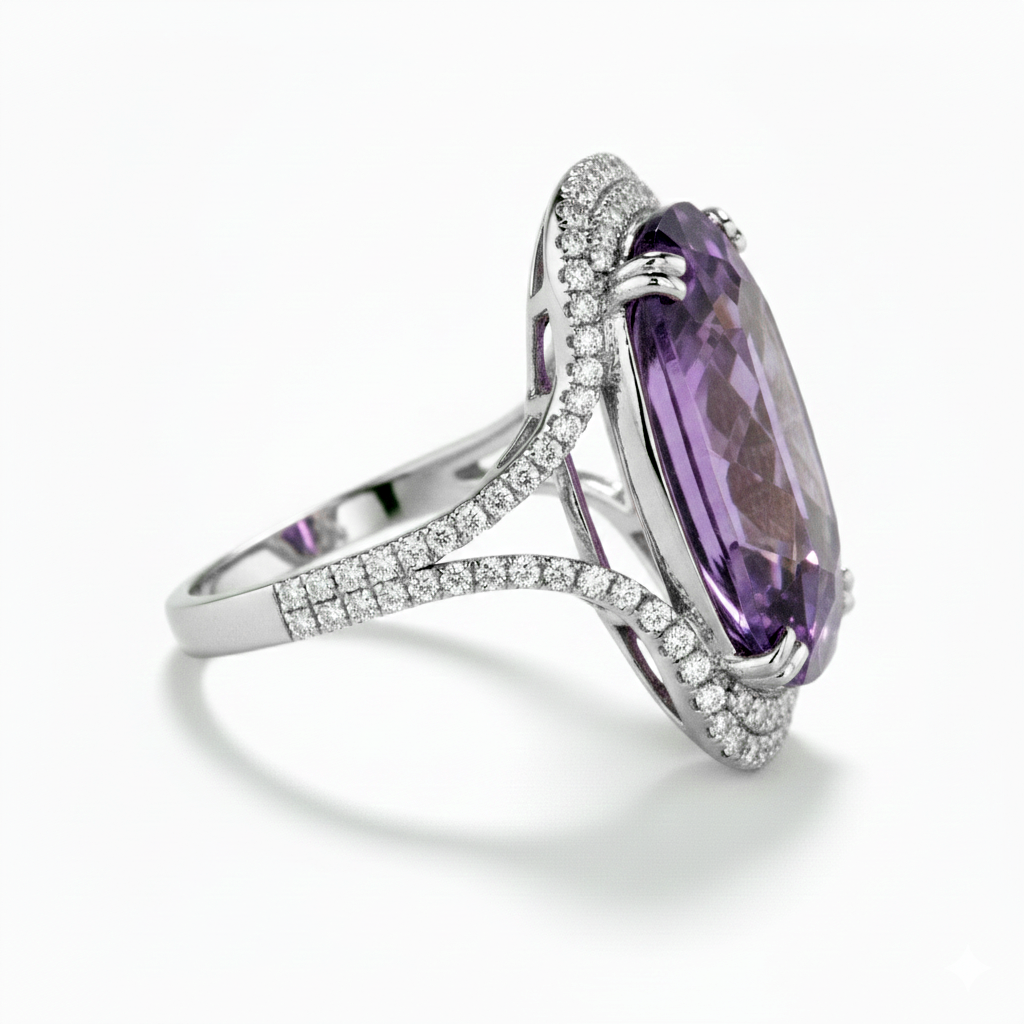 Purple Cushion Gemstone Ring with Diamond Halo-Saleh Sallom